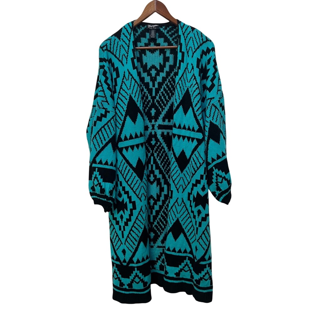 Wrangler Retro Womens Turquoise Black Southwestern Aztec Long Cardigan S/M